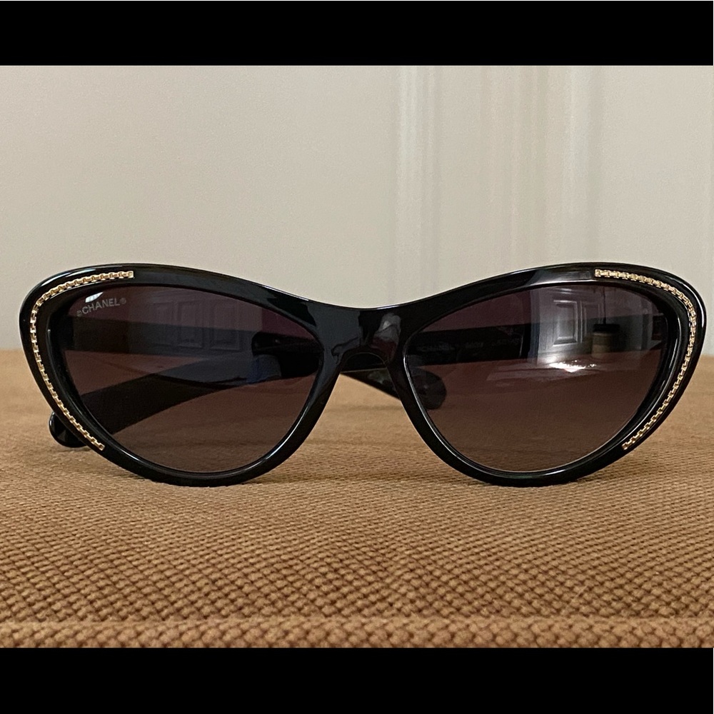 CHANEL Black Sunglasses with Gold Chain Trim
